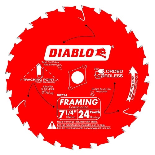 Freud Diablo D0724A 7-1/4" 24 Tooth Framing Circular Saw Blade for Wood Cutting