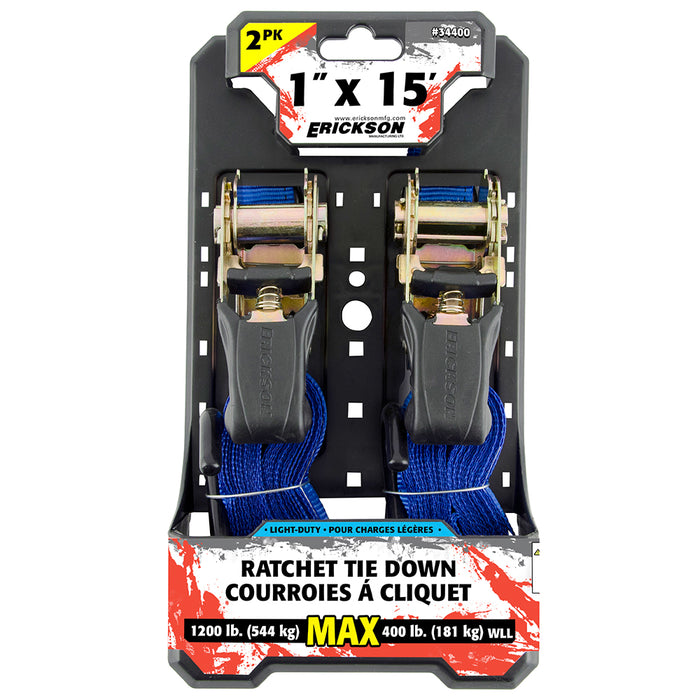 Erickson 34400 Soft Grip 1 in. x 15 ft. ratchet tie-down straps, 2-pack