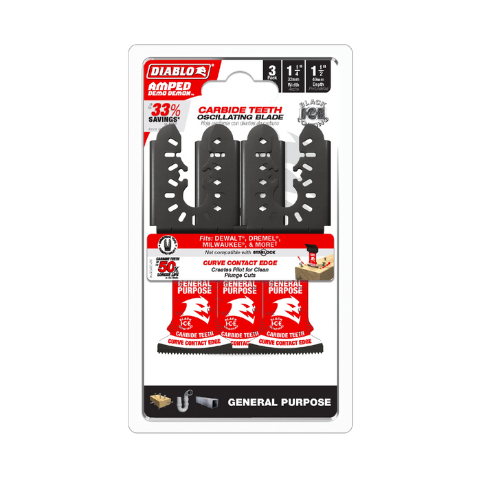 1-1/4" AMPED™ Demo Demon™ Universal Fit Carbide Teeth Oscillating Blades for General Purpose Cuts (3-Pack) DOU125CGP3