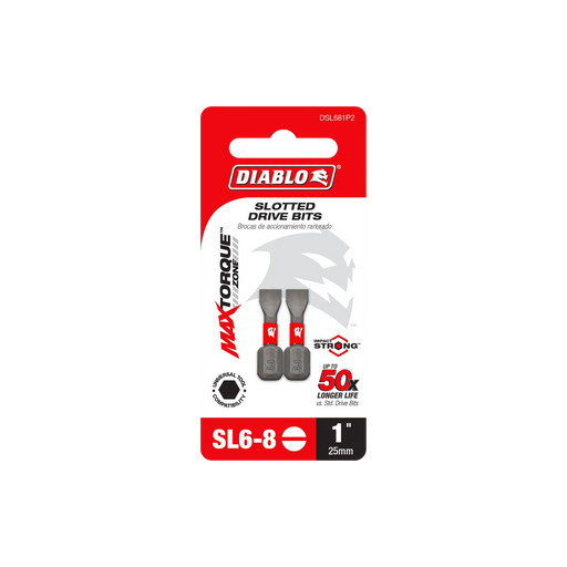 1" SL6-8 Slotted Drive Bits (2-Pack) DSL681P2
