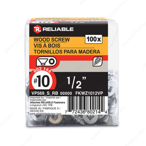 #10 by half inch flat head zinc silver colour wood assembly screws. 100 pieces per pack.