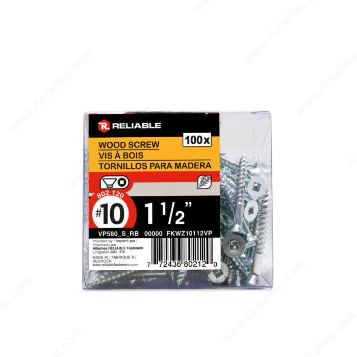 #10 by one and a half inch flat head zinc silver colour square drive wood assembly screws. 100 pieces per pack.
