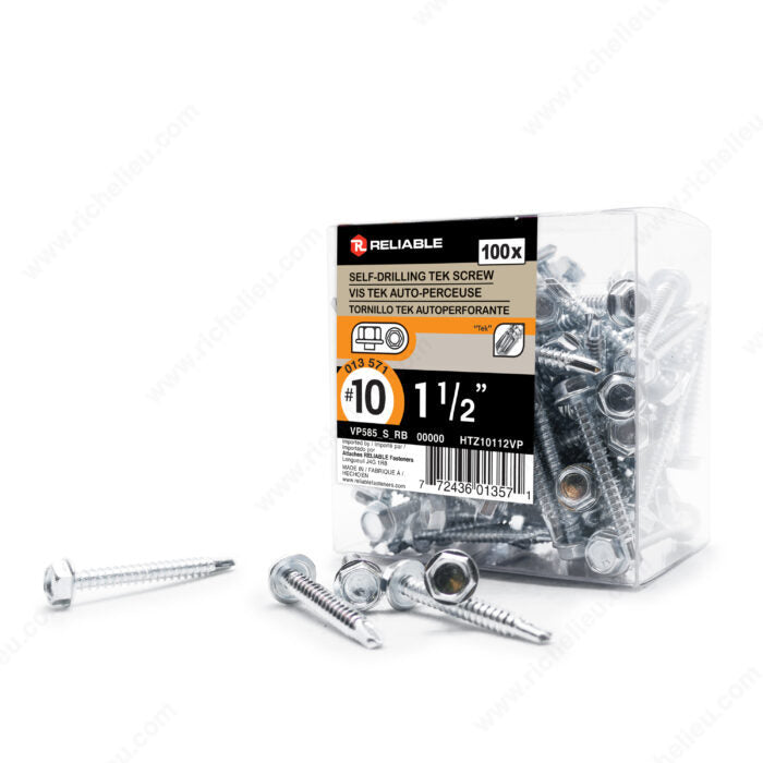 #10 by one a half inch zinc plated hex head self drilling tek metal screws pack