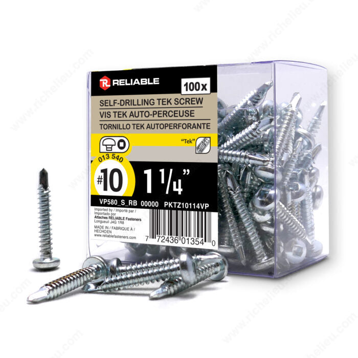 #10 by one and a quarter inch Zinc Pan Head Self Drilling Tek Metal Screws 100/Pack