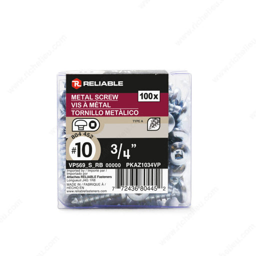 #10 by three quarter inch pan head zinc coated square drive metal screws. 100 pieces per pack.