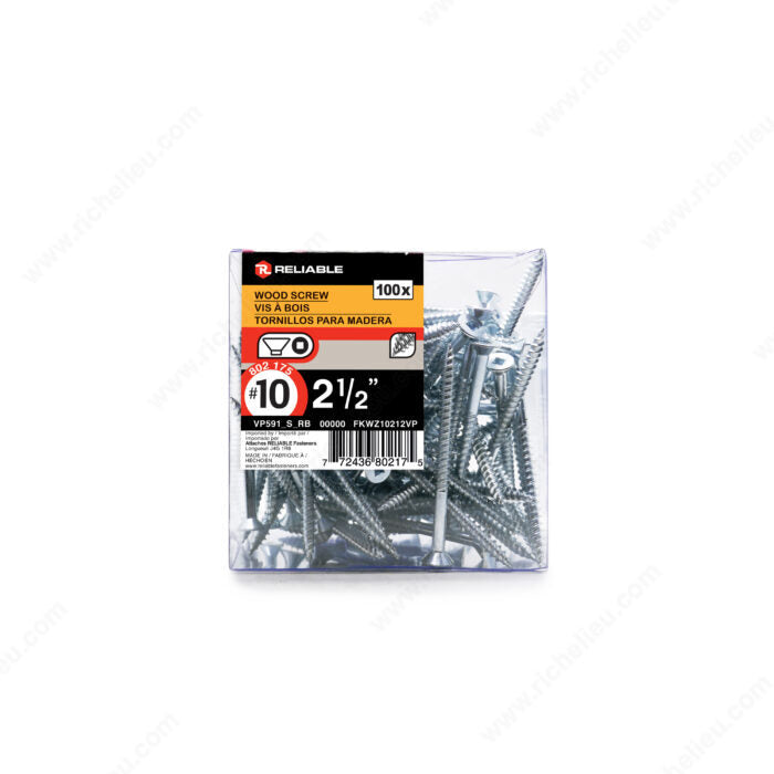 #10 by two and a half inch flat head zinc silver colour square drive wood assembly screws. 100 pieces per pack.