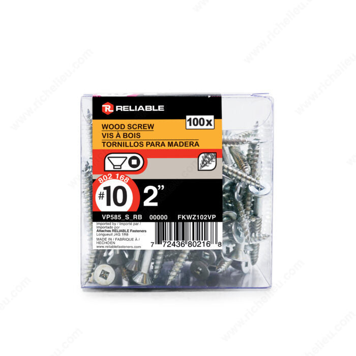 #10 by two inch flat head zinc silver colour square drive wood assembly screws. 100 pieces per pack.