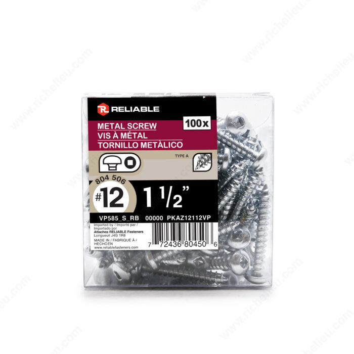 #12 by one and a half inch Zinc Plated Metal Screw Pan Head Square Drive Self-Tapping Thread Type A Point. 100 pieces per pack.