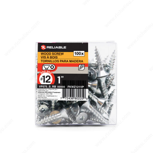 #12 by one inch flat head zinc silver colour wood assembly screws. 100 pieces per pack.