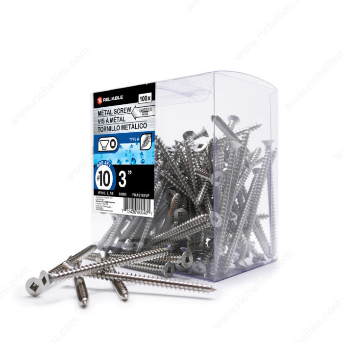 #10 by three inch stainless steel flat head self tapping metal screws pack