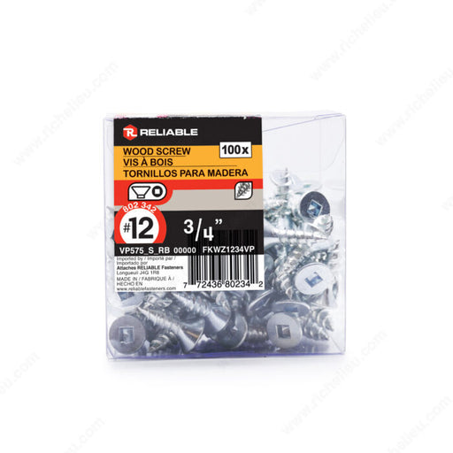 #12 by three quarter inch flat head zinc silver colour wood assembly screws. 100 pieces per pack.
