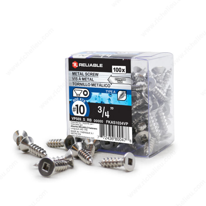 #10 by three quarter inch stainless steel flat head self tapping metal screws pack