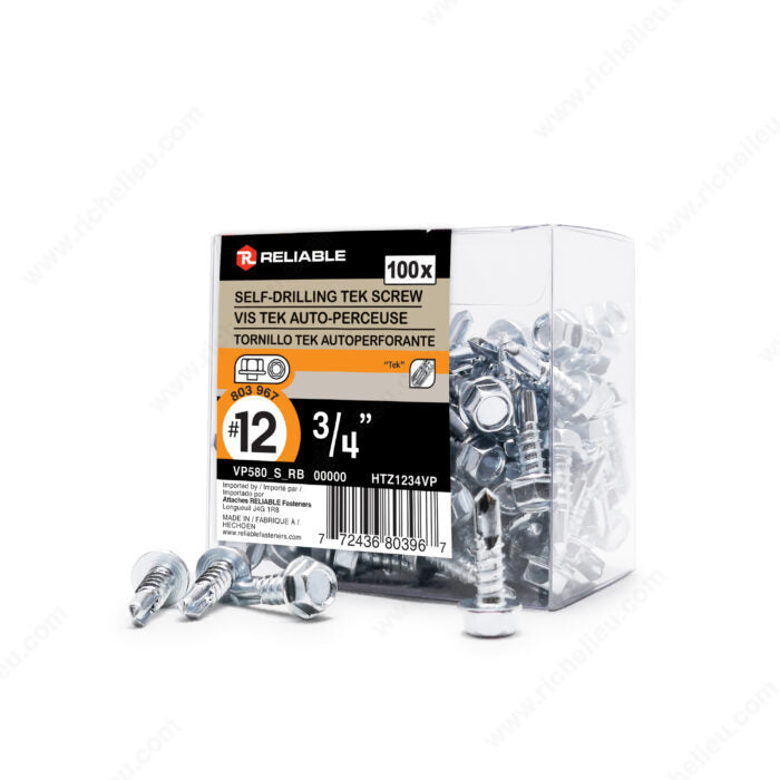 #12 by three quarter inch zinc plated hex head self drilling metal tek screws pack