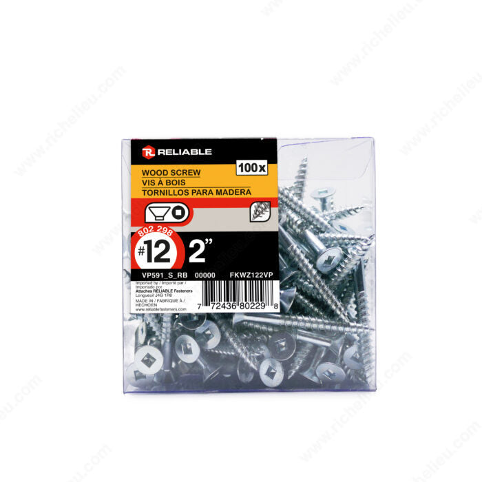 #12 by two inch flat head zinc silver colour wood assembly screws. 100 pieces per pack.