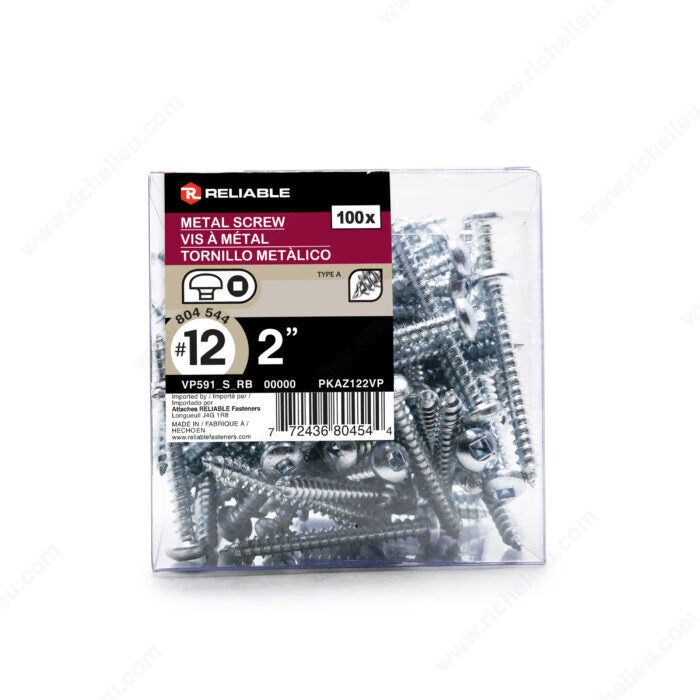 #12 by two inch Zinc Plated Metal Screw Pan Head Square Drive Self-Tapping Thread Type A Point. 100 pieces per pack.