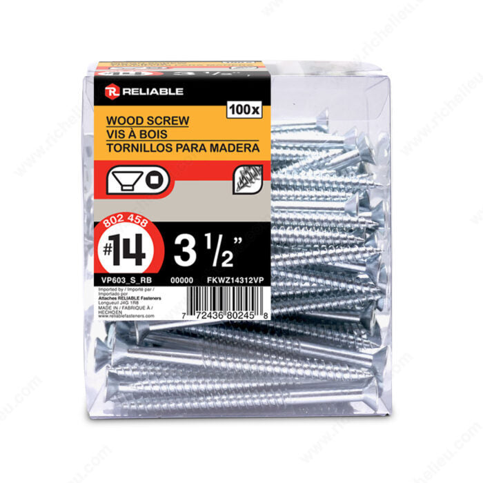 #14 by three a half inch flat head square drive zinc silver colour wood screws. 100 pieces per pack.