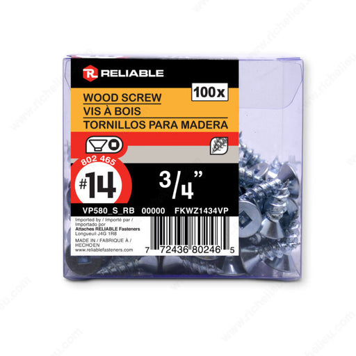 #14 by three quarter inch flat head square drive zinc silver colour wood screws. 100 pieces per pack.
