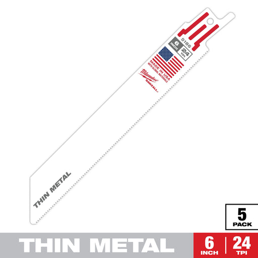 Milwaukee 48-00-5186 6 in. 24 TPI thin kerf Sawzall blades, 5-pack