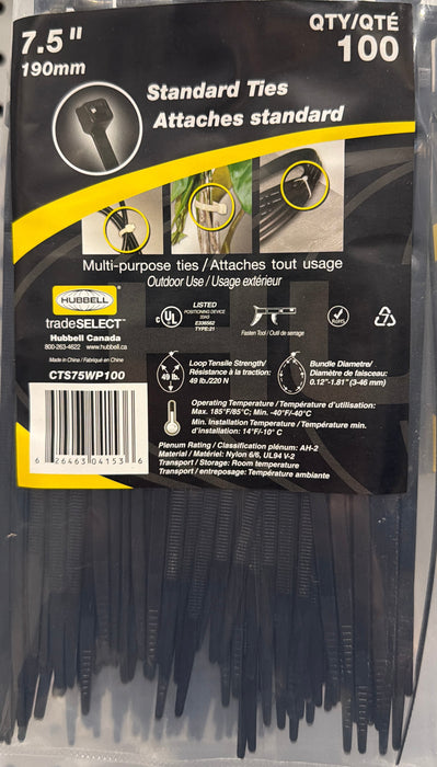 Hubbell 7-1/2 in. x 0.19 in. UV Black Cable Tie, 100/Pack