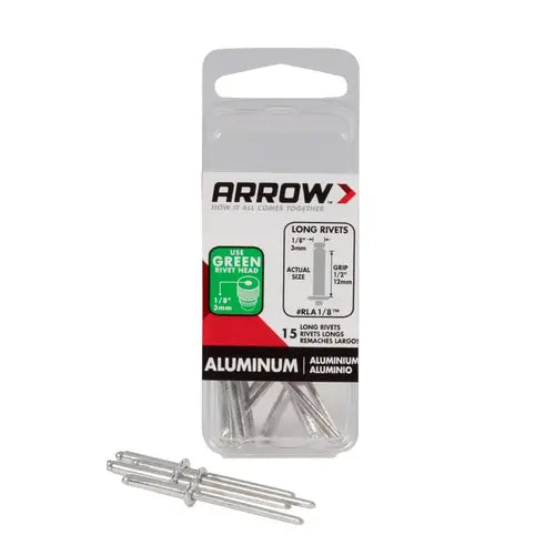 Arrow - 1/8" x 1/2" Grip Range Long Aluminum Pop Rivets (15-Pack) - 04RLA18