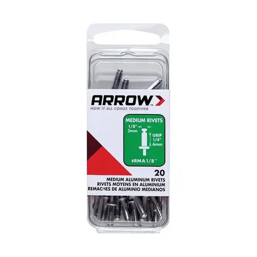 Arrow - 1/8" x 1/4" Grip Range Medium Aluminum Pop Rivets (20-Pack) - 04RMA18