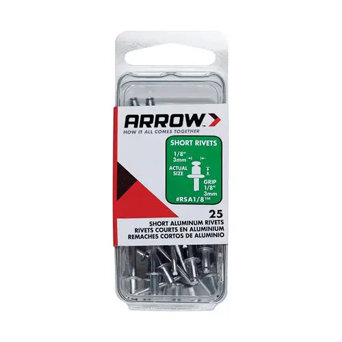 Arrow - 1/8" x 1/8" Short Aluminum Pop Rivets (25-Pack) - 04RSA18