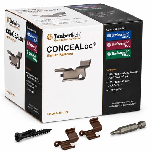 TimberTech CONCELoc Hidden Fastener packaging box shown with the included hardware pieces and driver bit in front on a white background.