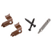 Two brown plastic clips, a black screw, and a silver drill bit on a white background