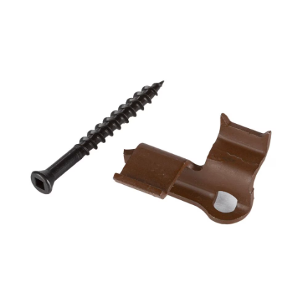 Black screw and brown plastic bracket on a white background