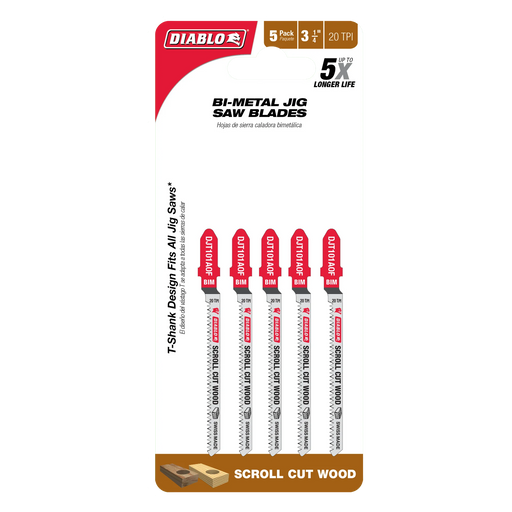 Diablo DJT101AOF5 3-1/4" 20TPI Bi-Metal Jig Saw Blades for Hard Wood (5-Pack) in Packaging
