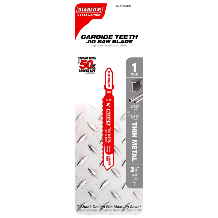 Diablo DJT118AHM 3-1/4" 24TPI Carbide Jig Saw Blade for Thin Metal in Packaging