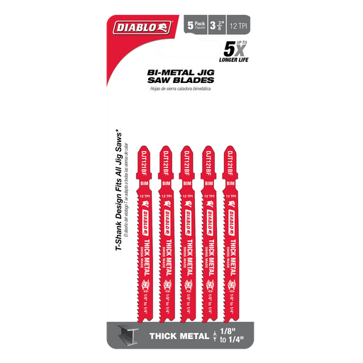 Diablo DJT121BF5 3-3/8" 12TPI Bi-Metal Jig Saw Blades for Thick Metal (5-Pack) in Packaging