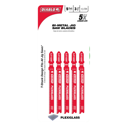 Diablo DJT102BF5 3-5/8" 13TPI Bi-Metal Jig Saw Blades for Plexiglass (5-Pack)