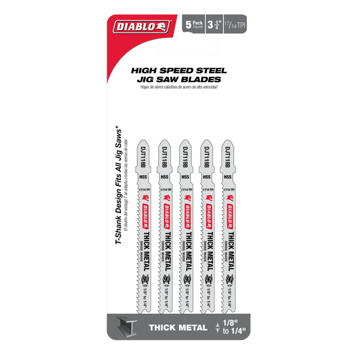 Diablo DJT118B5 3-5/8" 17/14TPI High Speed Steel Jig Saw Blades for Thick Metal (5-Pack) in Packaging