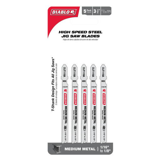 Diablo DJT118A5 3-5/8" 17/24TPI High Speed Steel Jig Saw Blades for Medium Metal (5-Pack) in Packaging