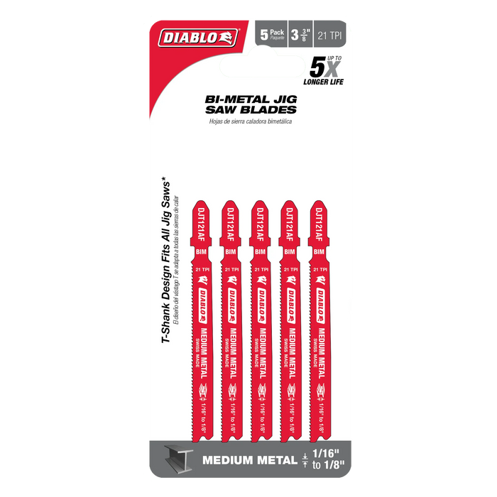 Diablo DJT121AF5 3-5/8" 21TPI Bi-Metal Jig Saw Blades for Medium Metal (5-Pack)