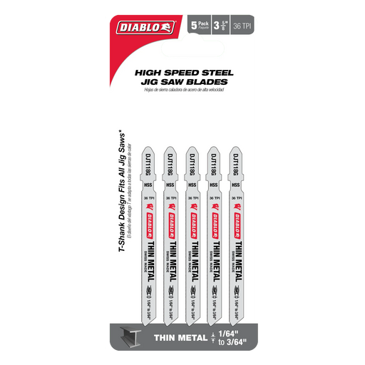 Diablo DJT118G5 3-5/8" 36 TPI High Speed Steel T-Shank Jig Saw Blades for Thin Metal (5-Pack) in Packaging