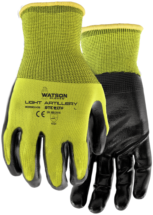 Watson Stealth Light Artillery 396X6 hi-vis yellow nitrile coated work gloves, 6-pair pack