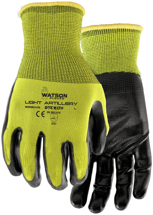 Watson Stealth Light Artillery 396X6 hi-vis yellow nitrile coated work gloves, 6-pair pack