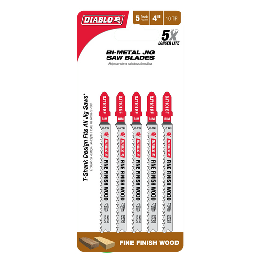 Diablo DJT101BF5 4" 10TPI Bi-Metal Jig Saw Blades for Fine Finish Cuts in Wood (5-Pack) in Packaging