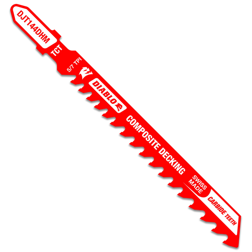 Red Diablo composite decking carbide jigsaw blade on a white background