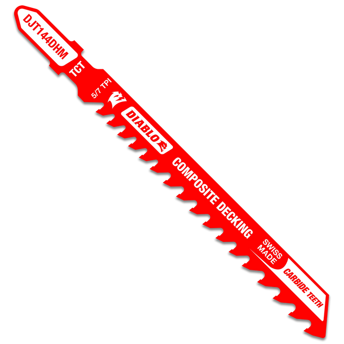 Red Diablo composite decking carbide jigsaw blade on a white background