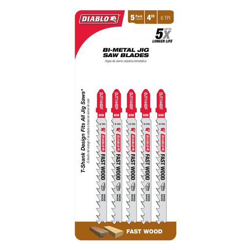 Pack of Diablo bi-metal jig saw blades for fast wood cutting on a white background