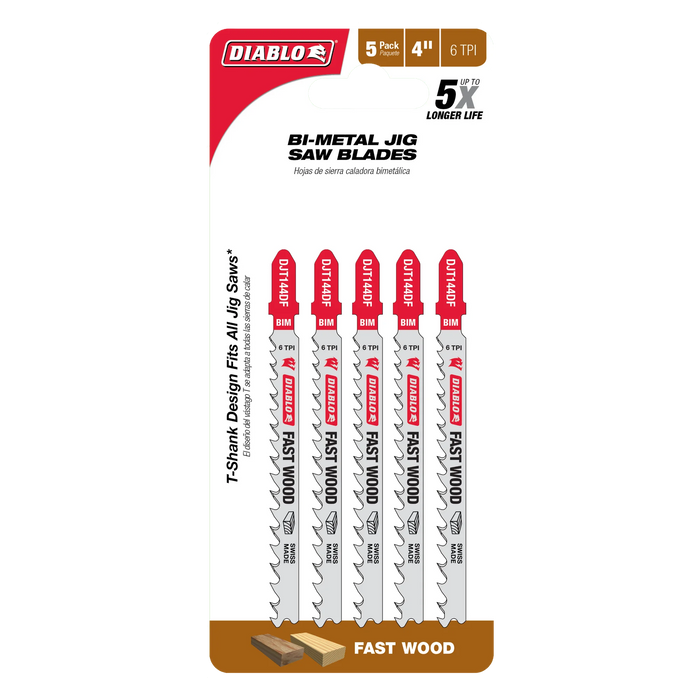 Pack of Diablo bi-metal jig saw blades for fast wood cutting on a white background