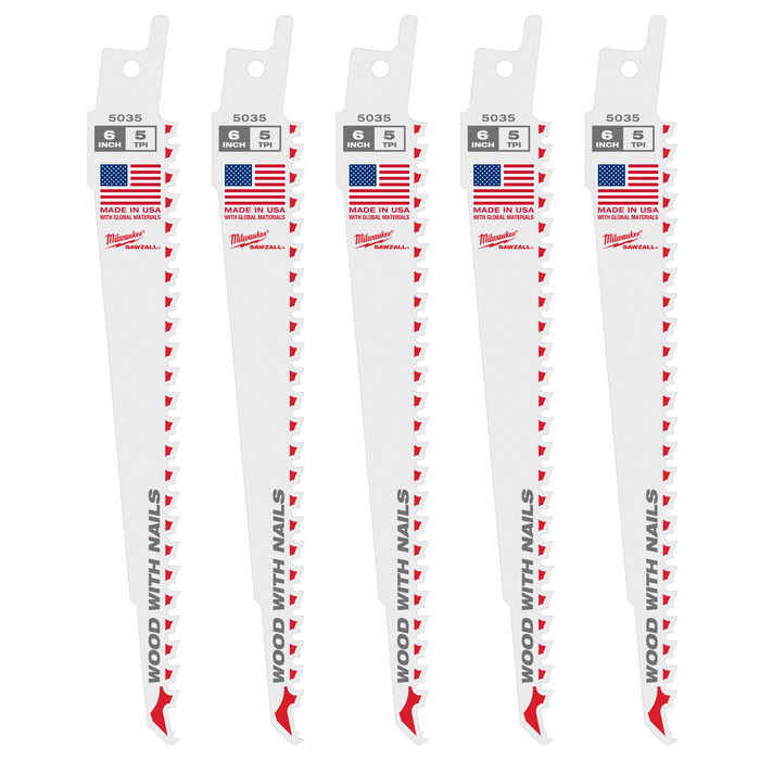Milwaukee 48-00-5035 SAWZALL 6 in. 5 TPI Wood with Nails Blade, 5 Pack