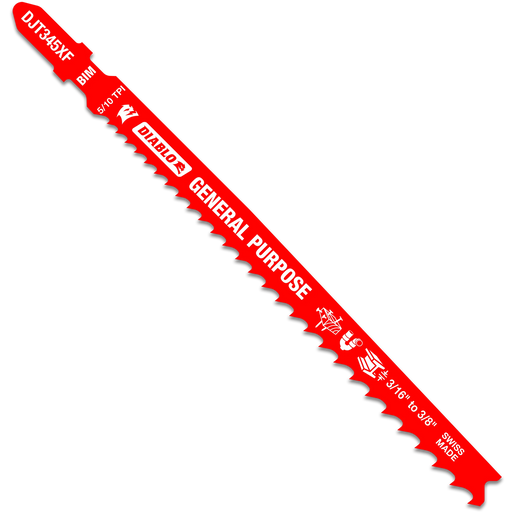 Red jigsaw blade with multiple texts and branding on a white background