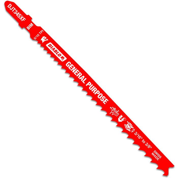 Red jigsaw blade with multiple texts and branding on a white background