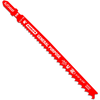 Red jigsaw blade with multiple texts and branding on a white background