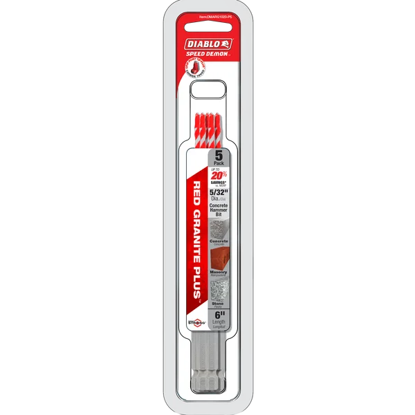 Diablo DMARG1020-P5 5/32" SPEEDemon Red Granite Carbide-Tipped Hammer Drill Bits