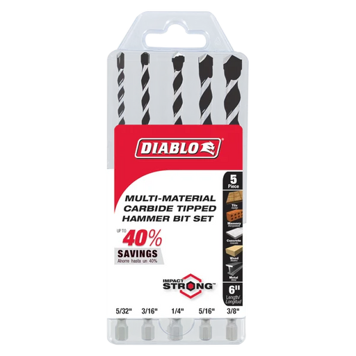 Diablo DMAMM1190-S5 5 Pc Multi-Material Carbide-Tipped Hammer Drill Bit Set in Packaging
